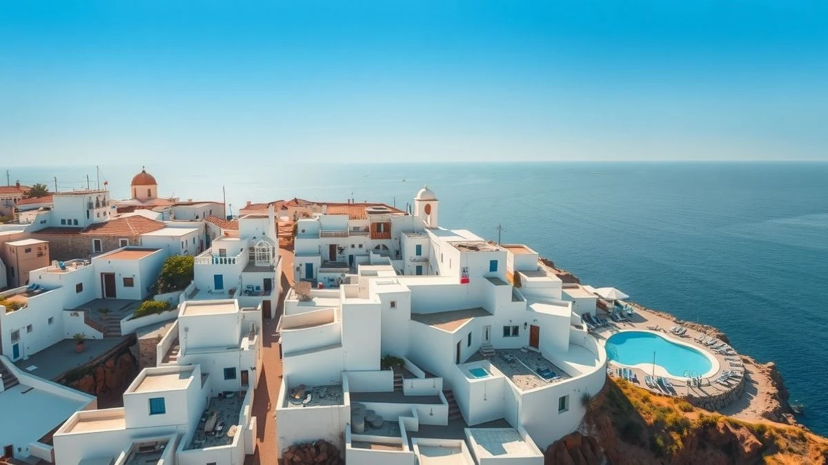 Vista aérea de Cala d'Or con sus casas blancas y calas de aguas turquesas al atardecer