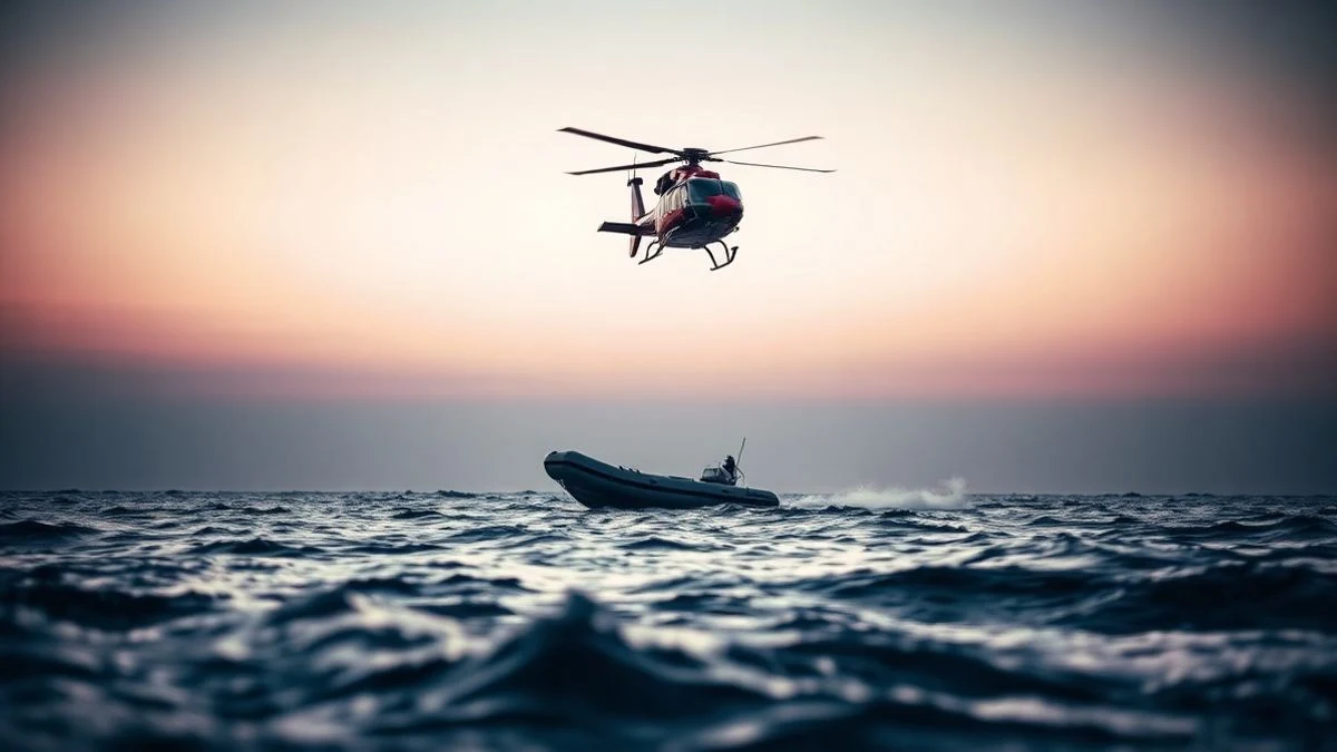 Imagen ilustrativa: un helicóptero de rescate sobrevuela el mar en un operativo de búsqueda al amanecer.
