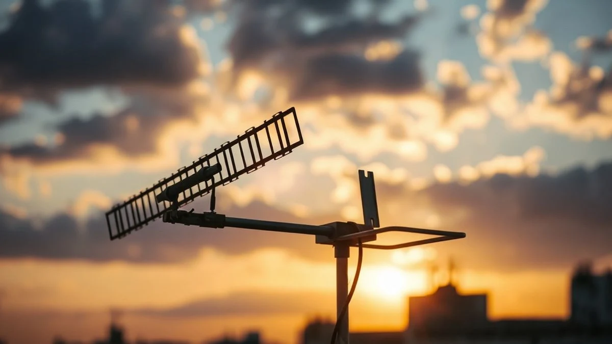 Imagen ilustrativa: una antena de televisión oxidada en un tejado al atardecer, con cables visibles y el cielo de fondo.