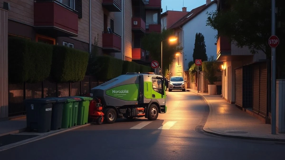 Imagen ilustrativa: calle residencial con barredora municipal y contenedores al atardecer