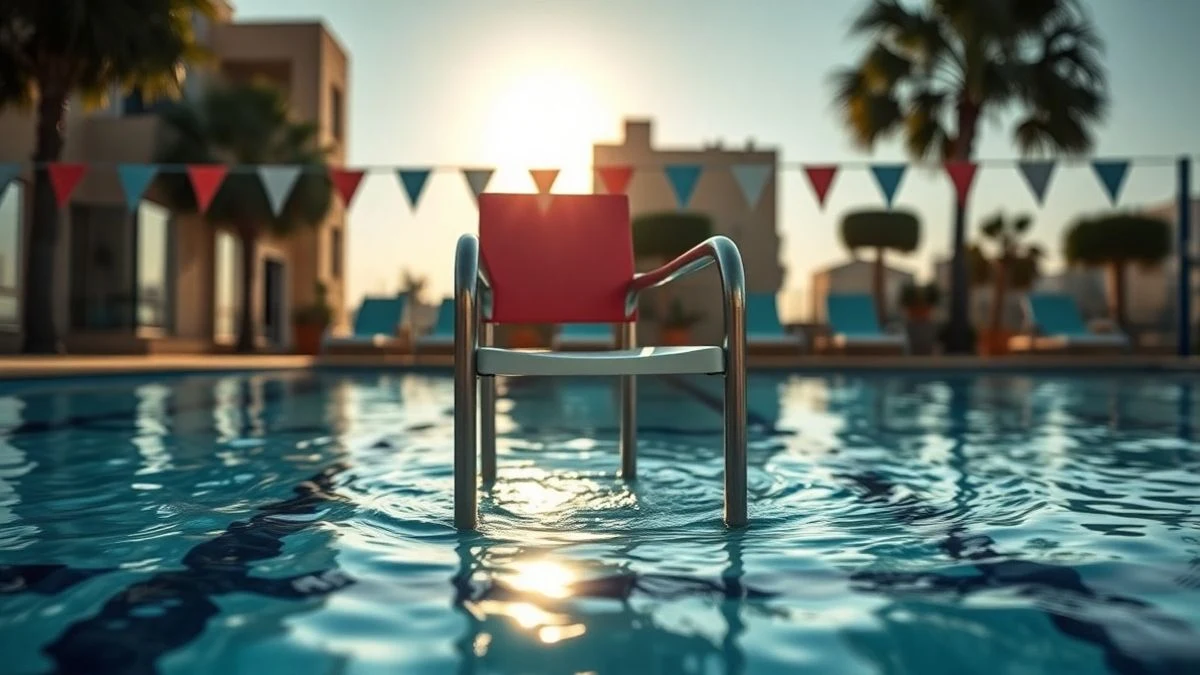 Imagen ilustrativa: una piscina municipal vacía con una silla de socorrista al atardecer.