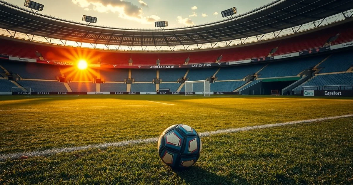 Estadio de fútbol vacío con un balón sobre el césped y una pizarra táctica al atardecer