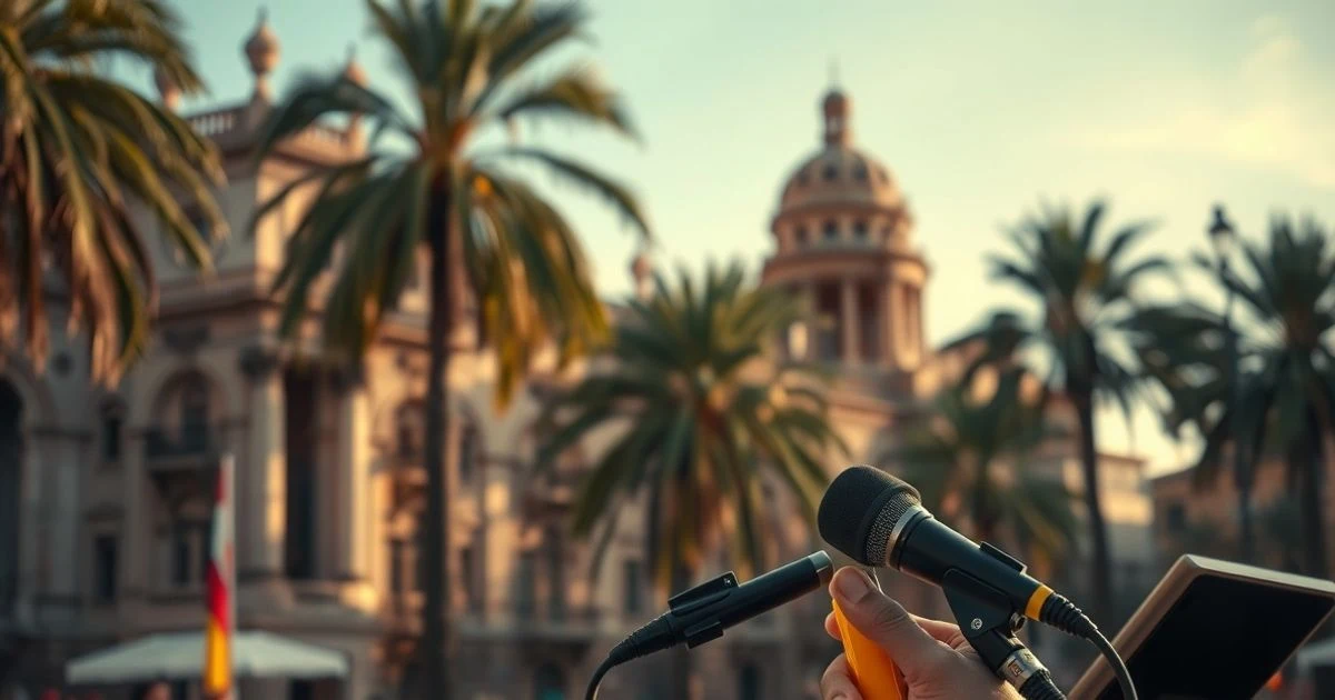 Escena de una joven cantando en la calle en Palma de Mallorca con equipo de sonido