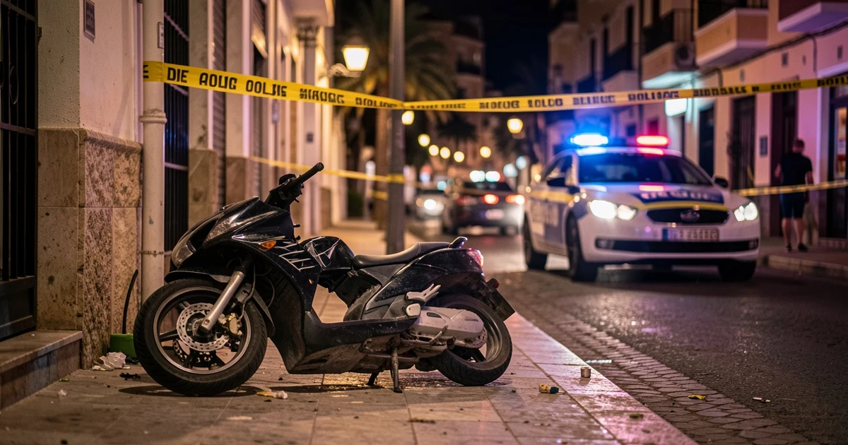 Moto derribada en el suelo junto a cinta policial en el Paseo Marítimo de Palma de noche
