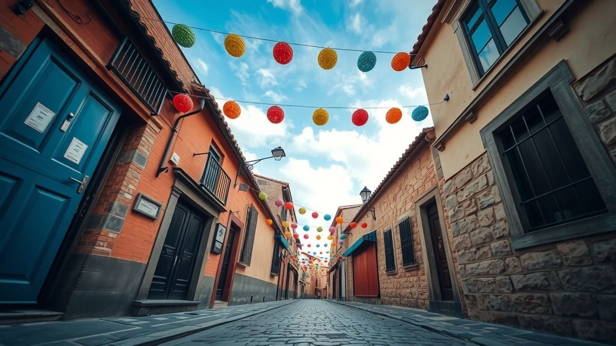Calle empedrada de un pueblo con decoraciones colgantes y cielo azul de fondo