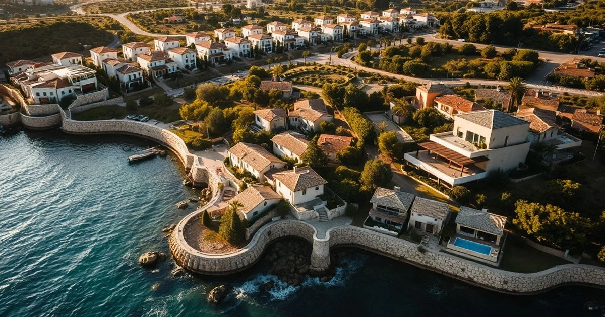 Aerial view of a luxury urbanisation on the Mallorca coast with a stone wall marking the boundary between two properties