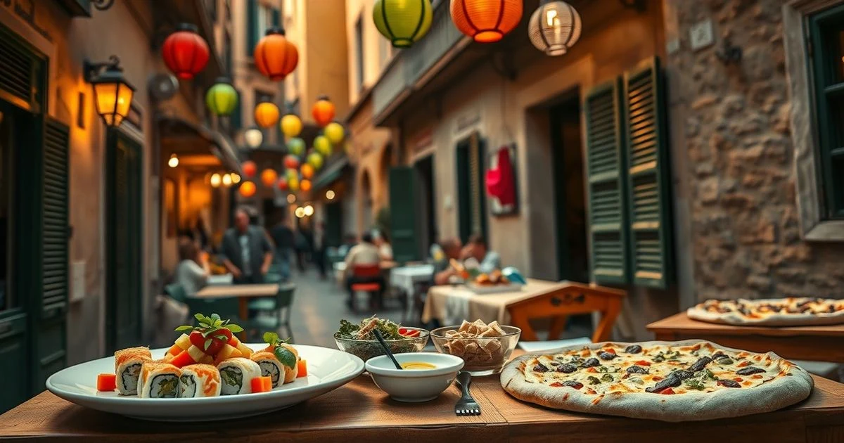 Platos de diferentes cocinas internacionales en una mesa de madera con farolillos, en una calle empedrada de Palma al atardecer