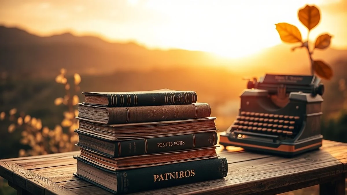Imagen ilustrativa: libros de poesía y una máquina de escribir sobre una mesa de madera con la sierra al fondo al atardecer.