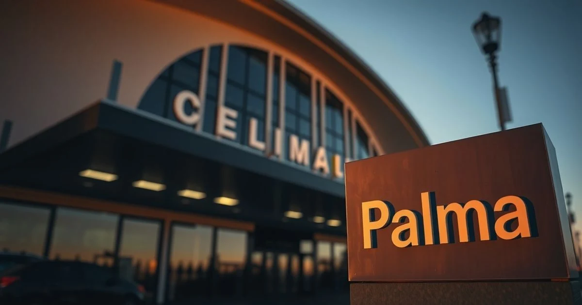 Fachada del aeropuerto de Palma al atardecer, con cartel vacío