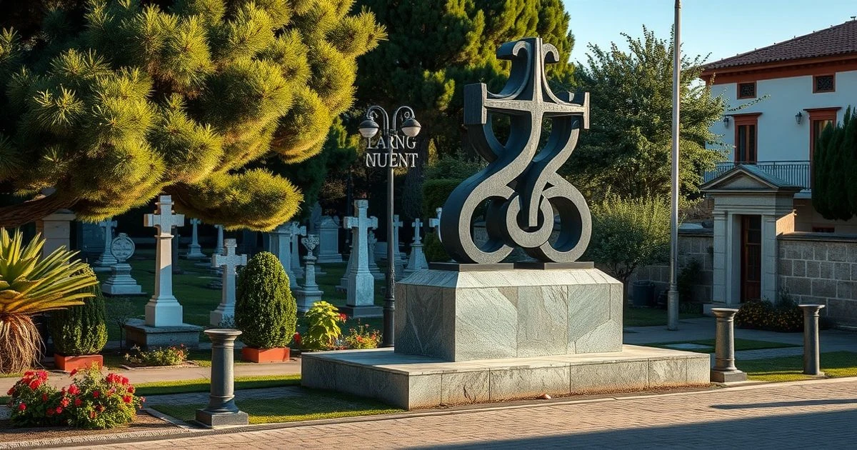 Iron sculpture on a marés stone base at the entrance of Algaida cemetery, surrounded by vegetation.