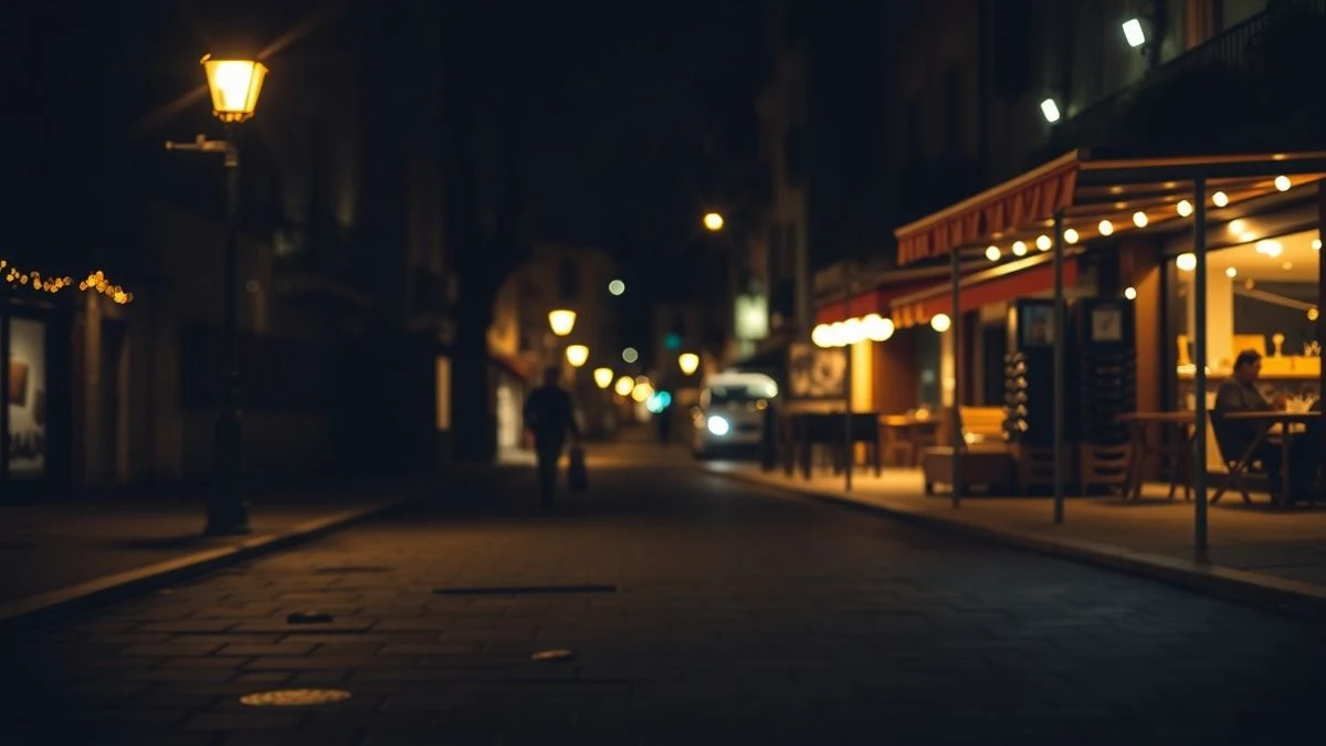 Calle oscura de una zona turística por la noche, con farola encendida y terraza de restaurante vacía con sillas apiladas
