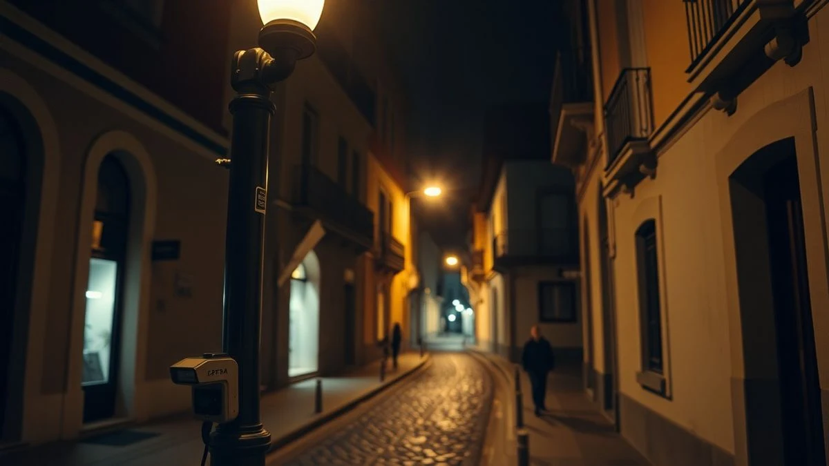 Calle empedrada de un pueblo español con farola y cámara de vigilancia nocturna