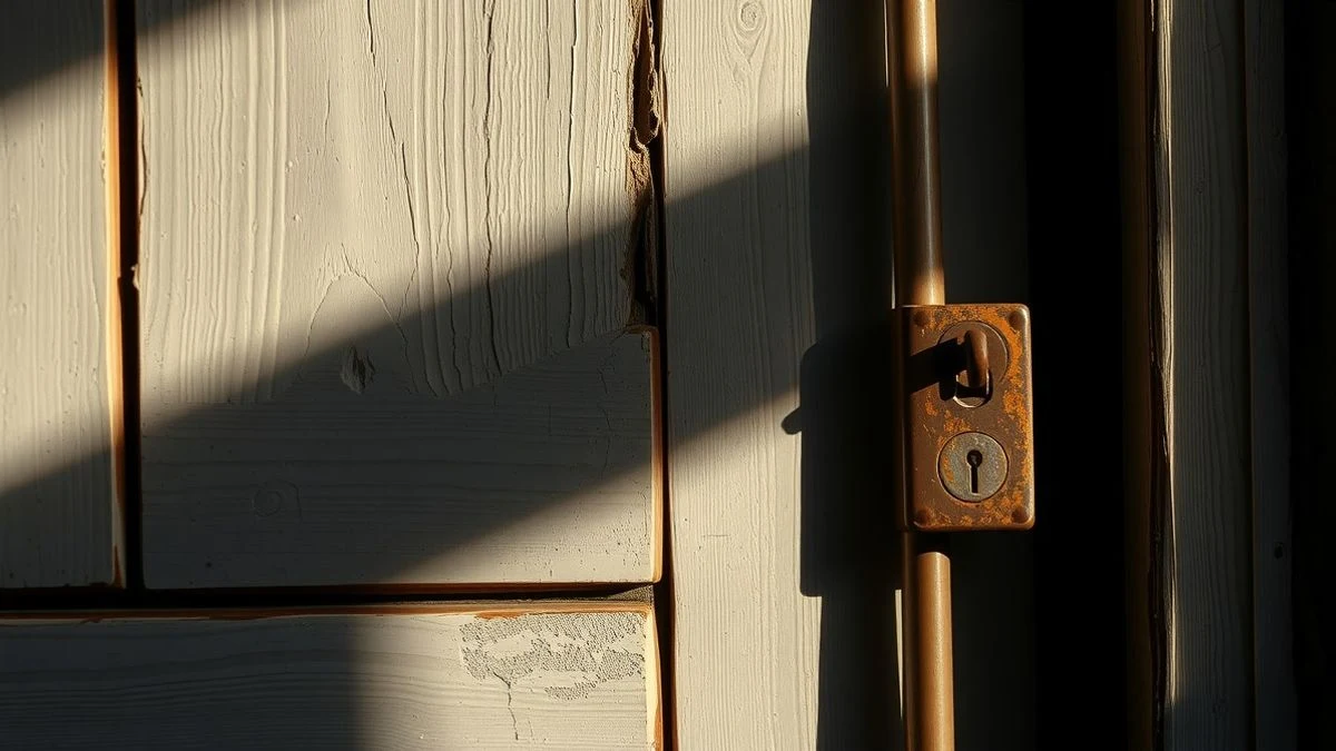 Imagen ilustrativa: detalle de la puerta de madera de una vivienda con pintura descascarillada y una cerradura oxidada, iluminada por luz natural.
