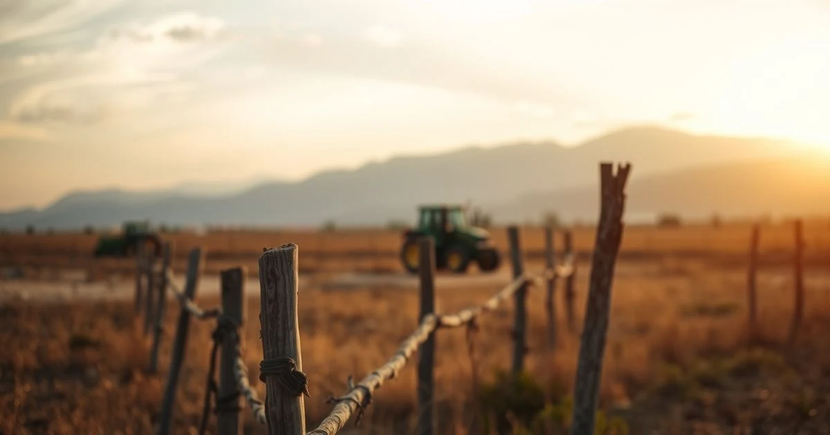 Paisaje rural en Campeche con valla de madera y tractor al atardecer