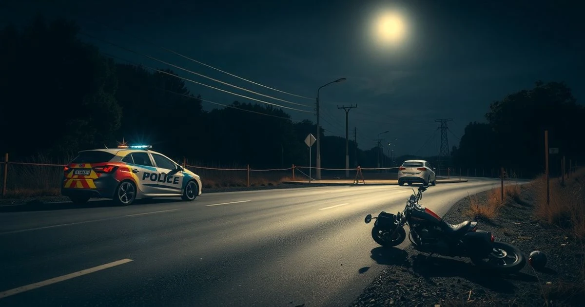 Escena nocturna de una carretera rural con una moto caída y cinta policial en una rotonda de sa Pobla