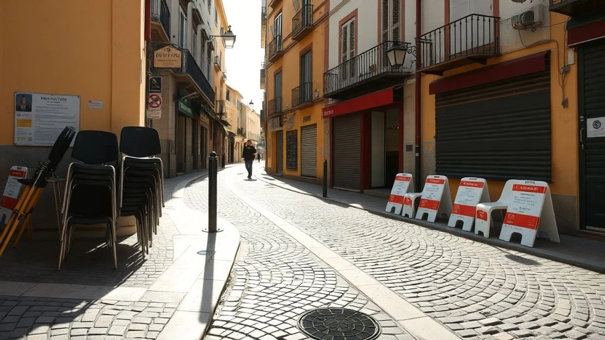 Imagen ilustrativa: calle empedrada de un pueblo español con terrazas vacías y vallas de seguridad, sin personas.