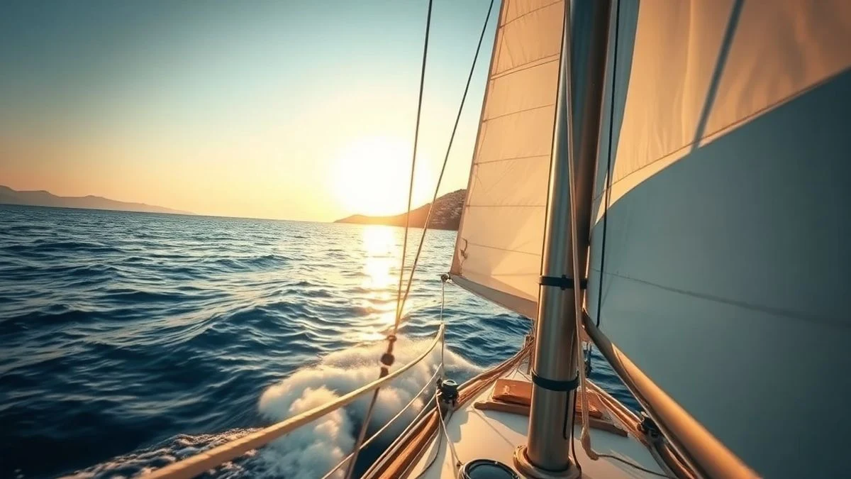 Imagen ilustrativa: un velero blanco navegando en aguas azules con luz dorada de atardecer