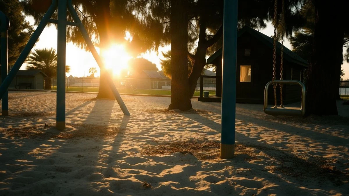 Imagen ilustrativa: un parque infantil vacío al atardecer, con columpios y sombras largas sobre la arena.