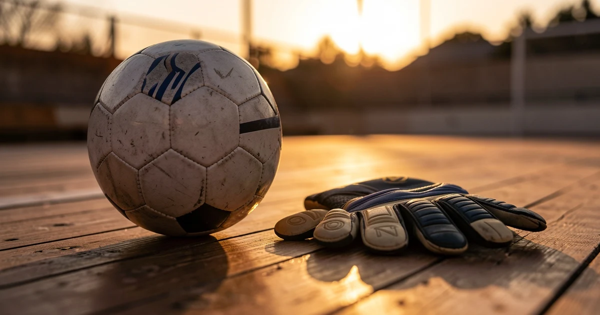 Balón de fútbol sala y guantes de portero sobre una pista de madera, con niños de fondo desenfocados