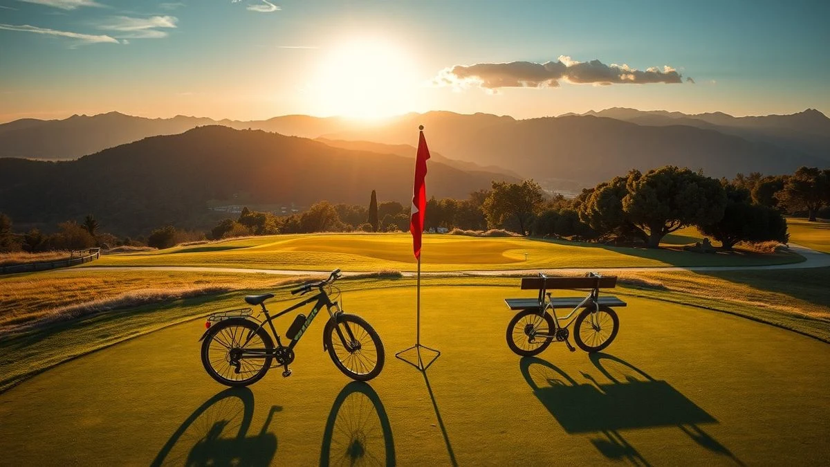 Vista aérea de un green de golf con una bicicleta apoyada en un banco y las montañas de la Serra de Tramuntana al fondo