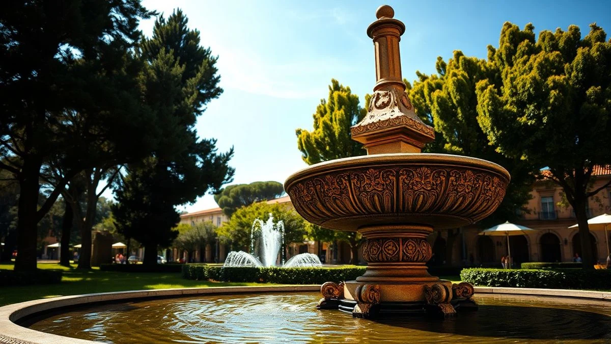Imagen ilustrativa: fuente ornamental de piedra en un parque soleado con agua y vegetación.