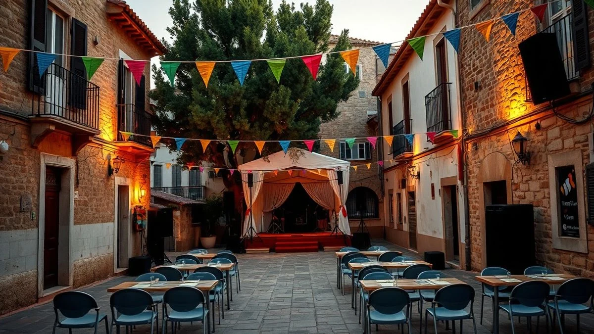 Imagen ilustrativa: plaza de un pueblo engalanada con banderines y luces al atardecer, con sillas y un escenario preparados para una verbena.