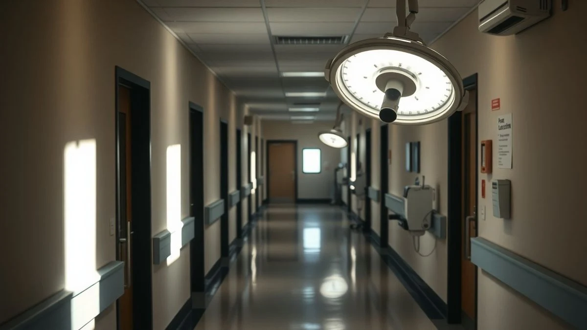 Pasillo de hospital con luz quirúrgica y equipamiento médico desenfocado