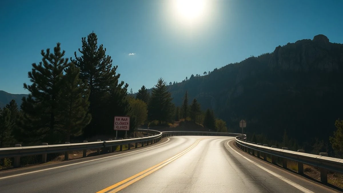Imagen ilustrativa: carretera de montaña con barrera de control y señal de restricción, bajo la luz de un eclipse solar parcial.
