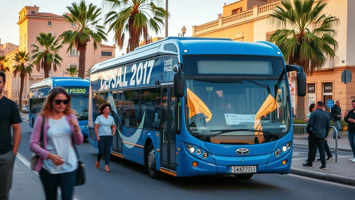Imagen ilustrativa: una parada de autobús urbano en Palma al atardecer, con un autobús acercándose y pasajeros esperando de forma genérica.