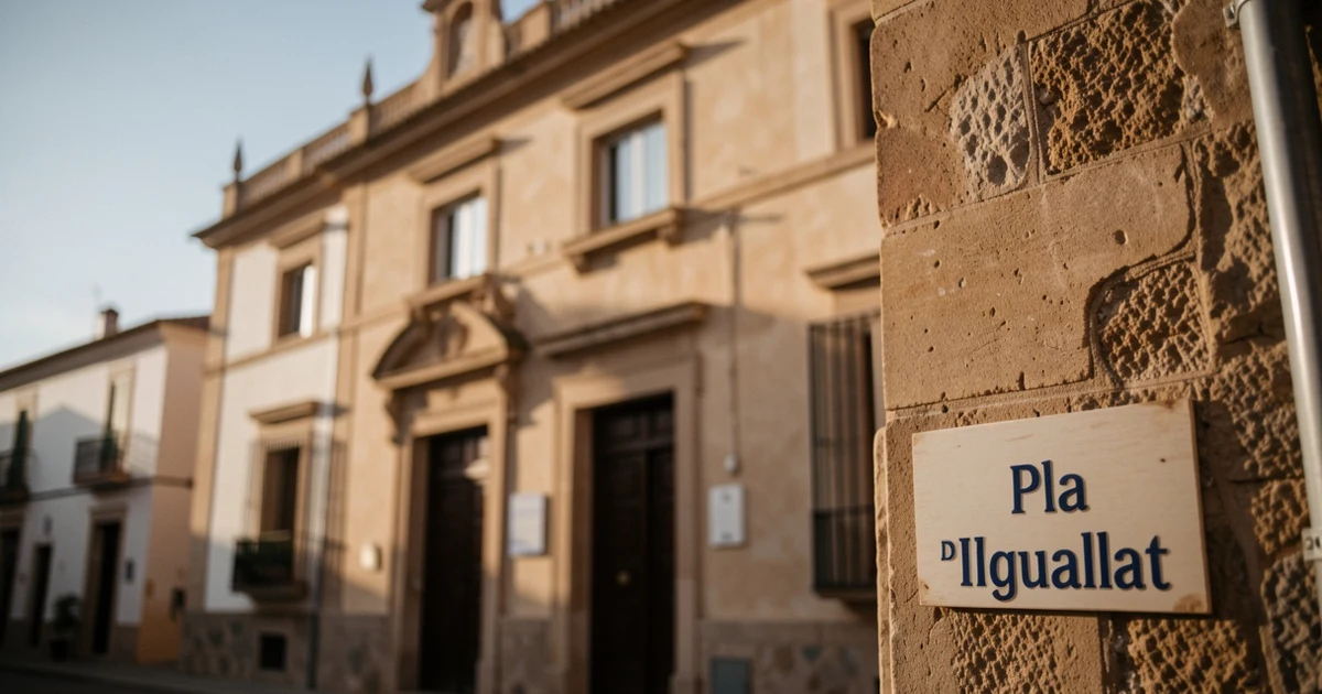 Facade of the Algaida Town Hall in morning light with a sign for the Equality Plan