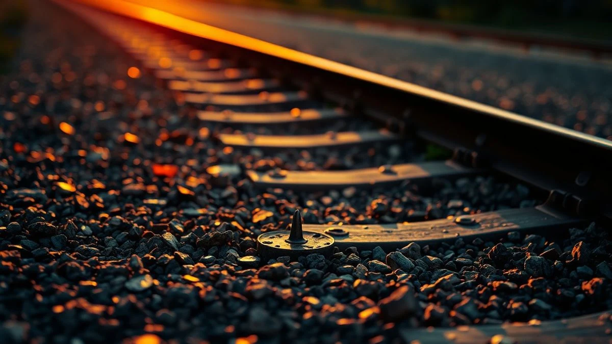 Detalle de la vía del tren con grava y un clavo de raíl sobre ella, iluminado por la luz del atardecer.