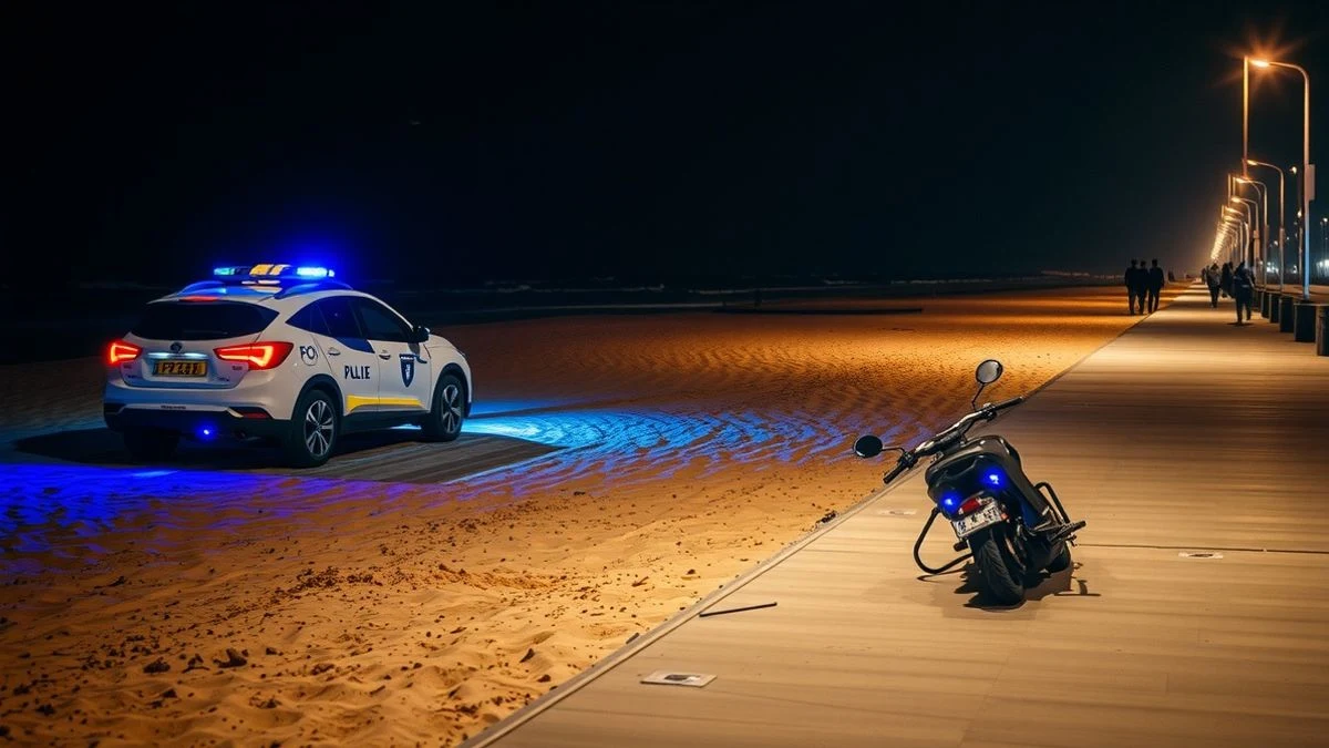 Playa de noche con luces policiales y un patinete eléctrico en la arena