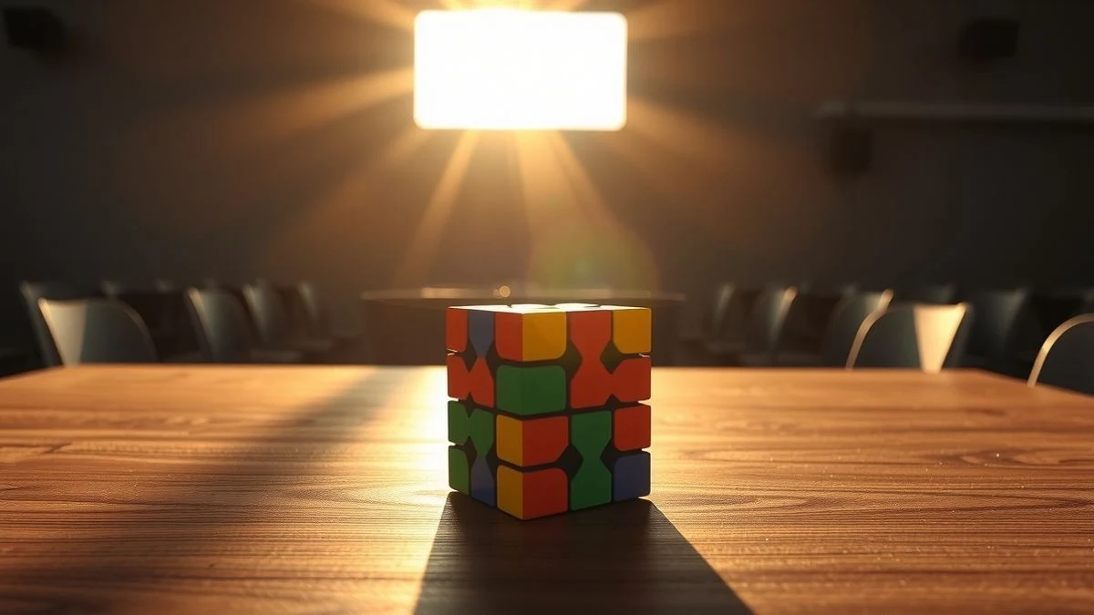 Imagen ilustrativa: un cubo de Rubik resuelto sobre una mesa de madera en una sala de eventos vacía al atardecer.