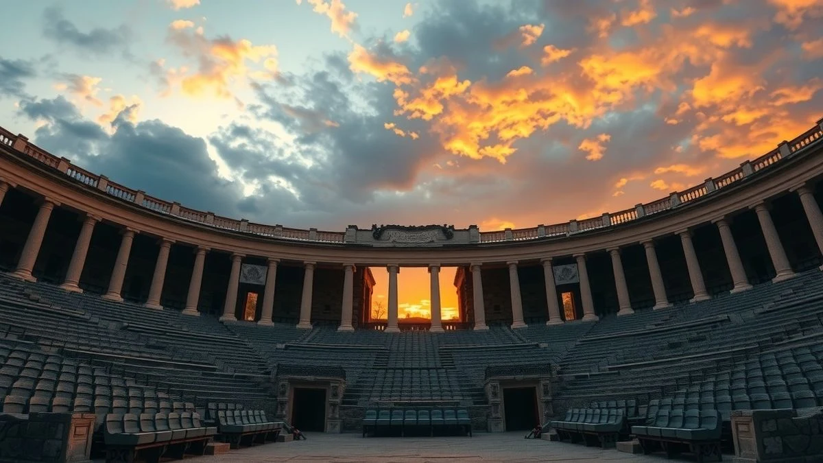 View of the stage at the archaeological site of La Alcudia at sunset, with empty stands and sky in the background