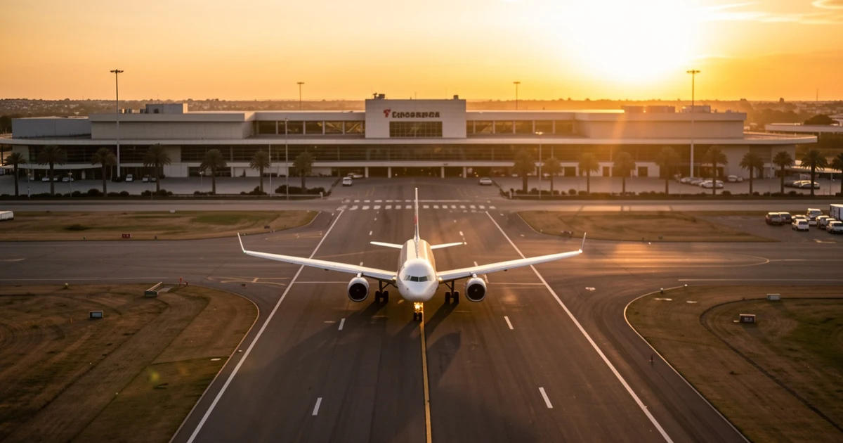 Avión despegando del aeropuerto de Palma al atardecer con palmeras al fondo