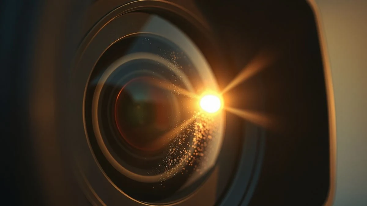Primer plano de una lente de cámara de video antigua con luz de tarde