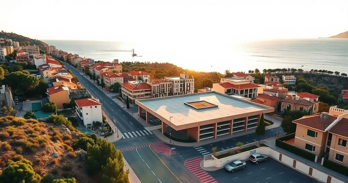 Vista aérea de un pueblo costero de Mallorca con una carretera recién asfaltada y una plaza pública moderna con aparcamiento subterráneo