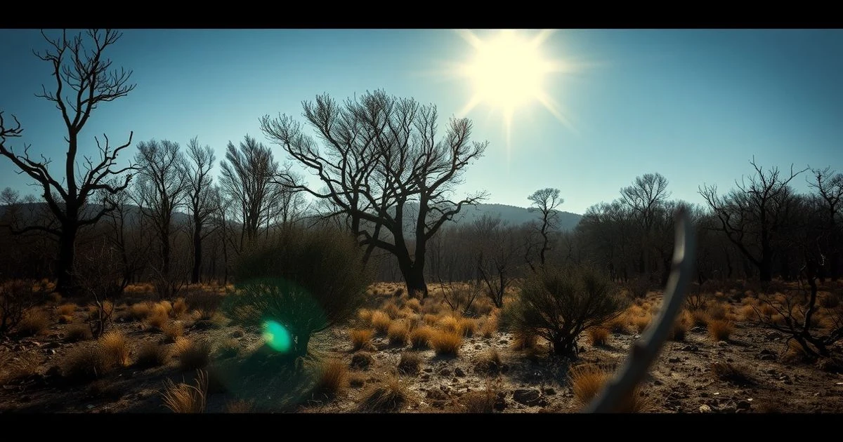 Paisaje forestal seco en Mallorca bajo el sol abrasador, con señal de peligro de incendio