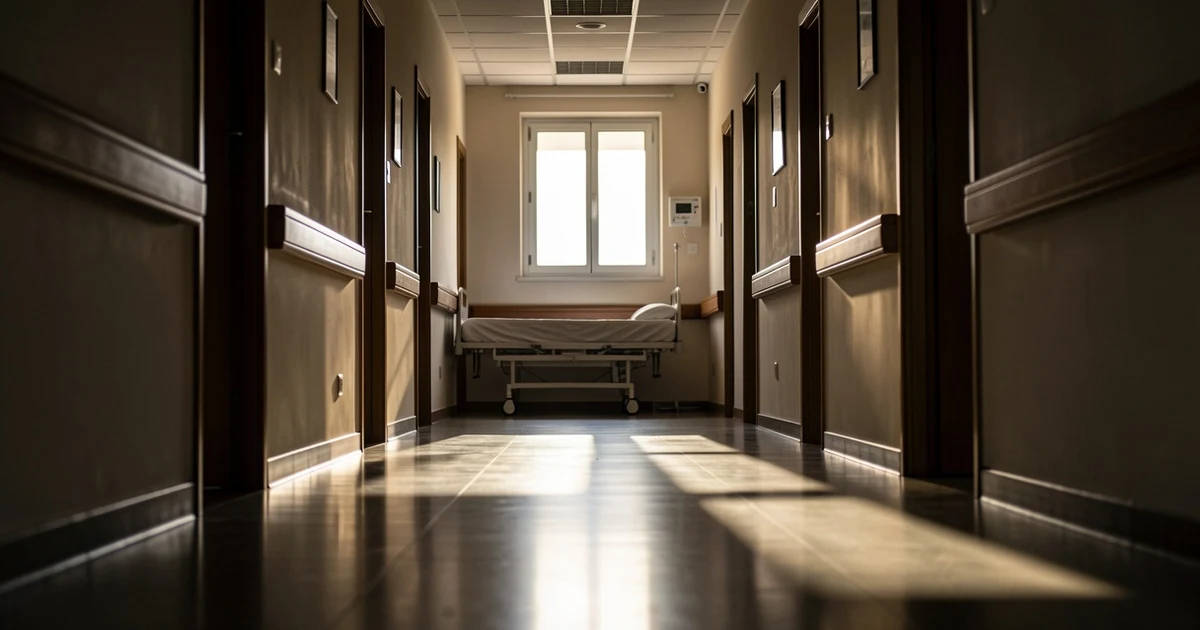 Pasillo de hospital vacío en Bolivia con luz natural dramática y una cama al fondo