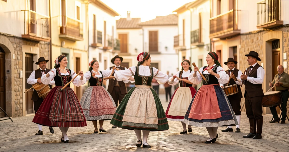 Grupo de baile tradicional mallorquín en una plaza de pueblo al atardecer
