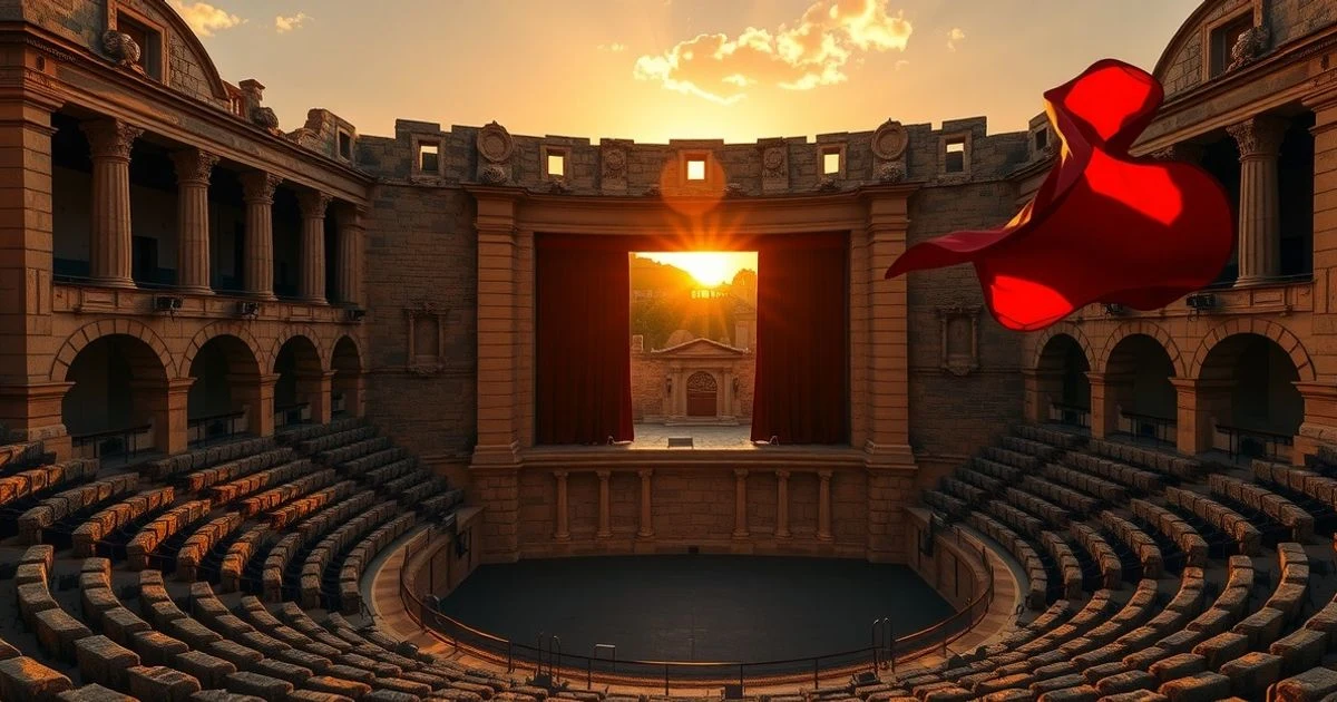 Escenario vacío de un teatro romano al atardecer, con telón rojo movido por el viento y asientos de piedra
