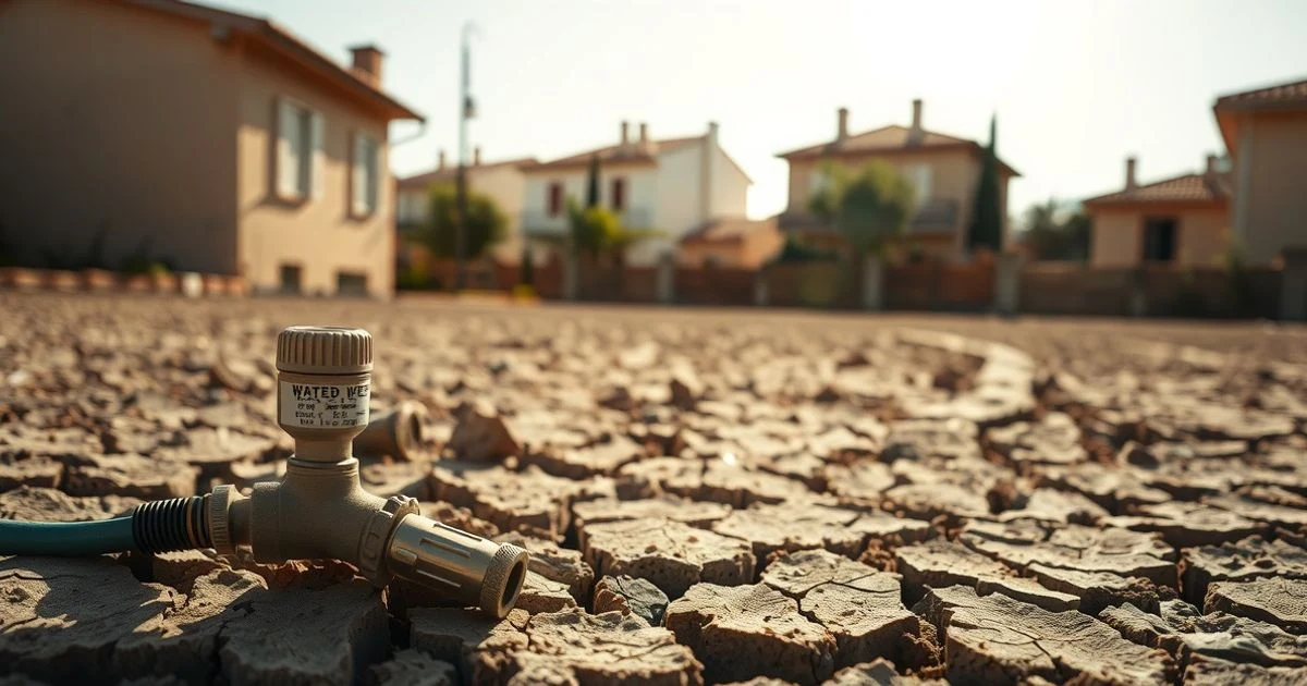Suelo agrietado y una manguera en una urbanización de Esporles con casas al fondo bajo el sol