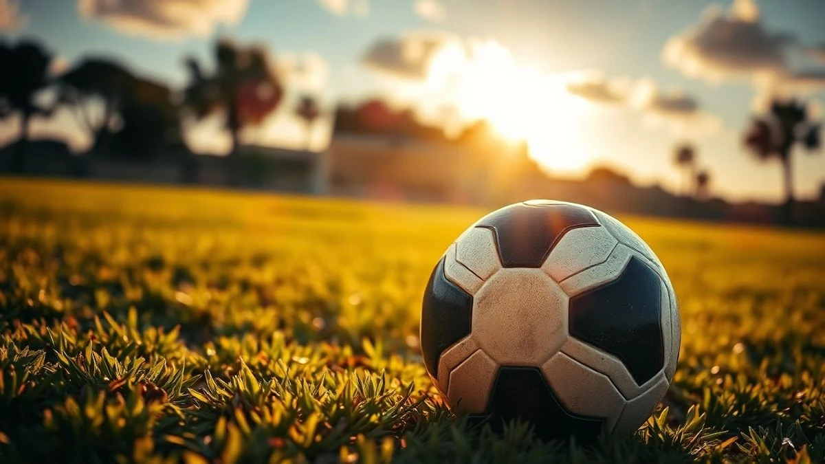 Imagen ilustrativa: un balón de fútbol sobre el césped al atardecer, con la red de una portería al fondo y sombras alargadas.
