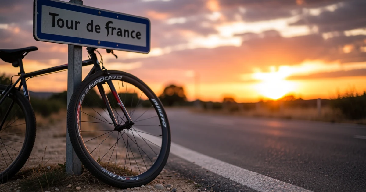 Rueda de bicicleta apoyada en un cartel de carretera con el Tour de Francia de fondo