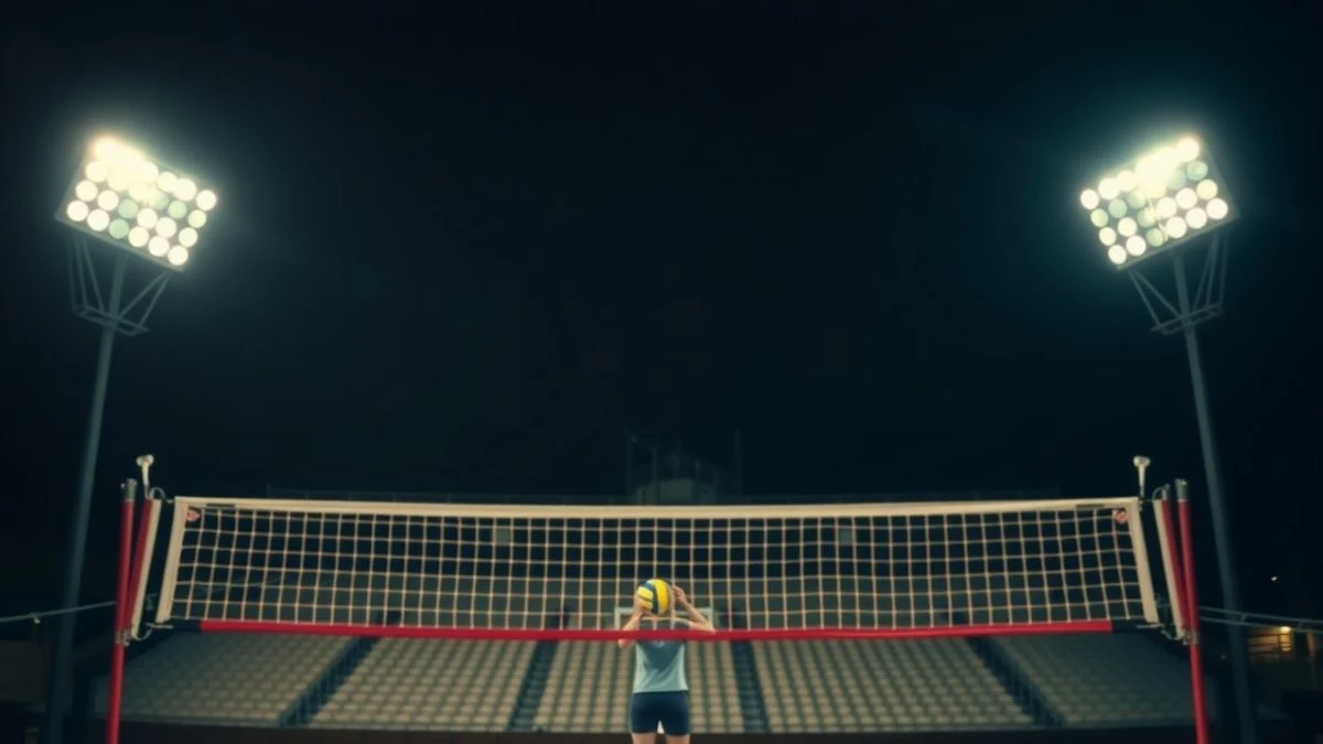 Pista de voleibol vacía iluminada por focos nocturnos, con la red en primer plano y gradas al fondo
