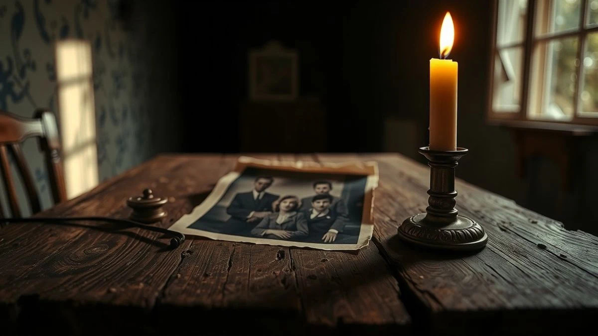 Fotografía antigua y desgastada de una familia de los años 30 sobre una mesa de madera, con una vela encendida y sombras largas en una habitación oscura