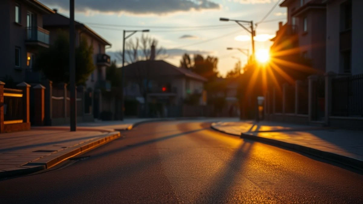 Imagen ilustrativa: calle de un barrio al atardecer con una farola encendida y sombras largas