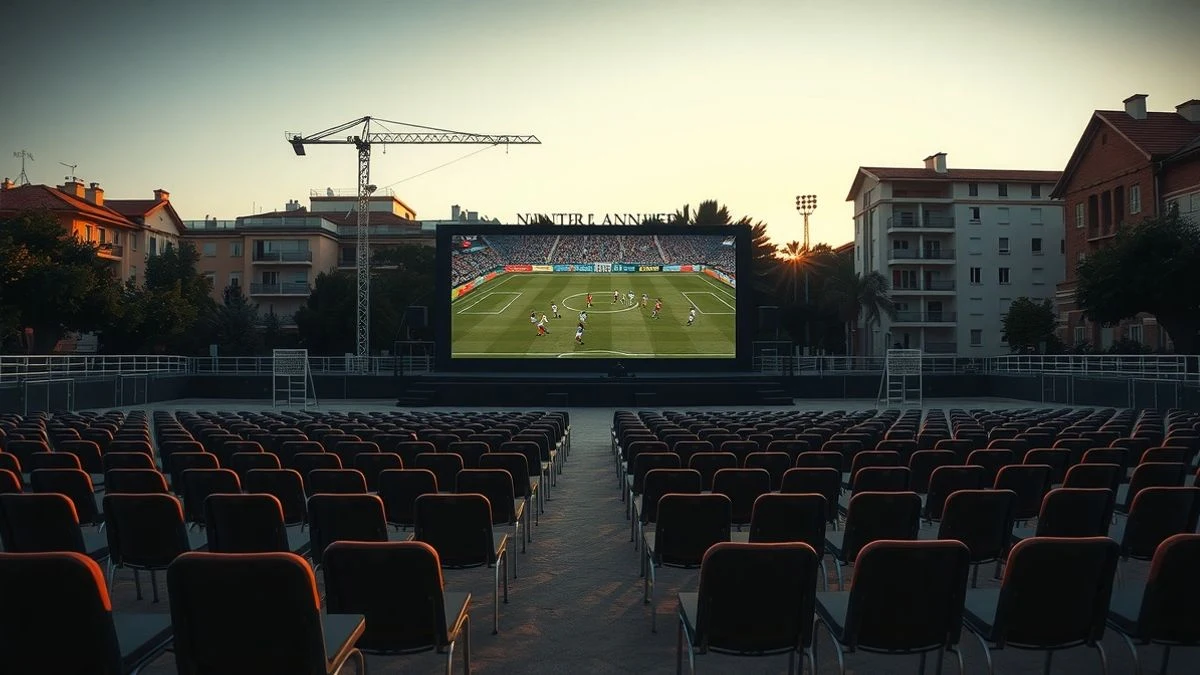 Giant outdoor screen at a sports centre at sunset, with empty chairs and long shadows